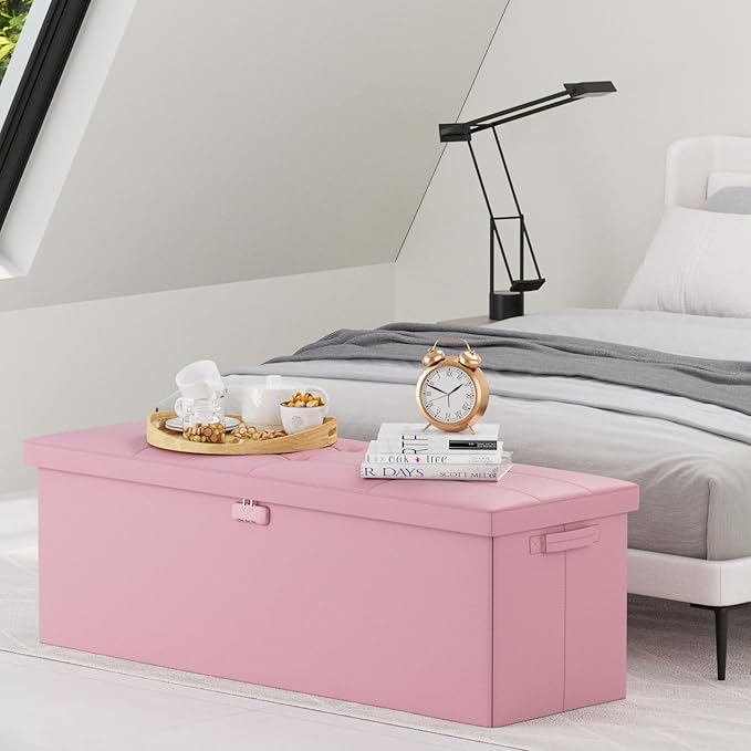 DocSafe Storage Ottoman Bench, Fireproof＆Waterproof Folding Bench with Lock(15”x 43”x15”), Leather Storage Chest with Handles＆2 Extra Boxes, Ottoman Safe for Bedroom,Living Room,Home Office, Pink-NeatNest