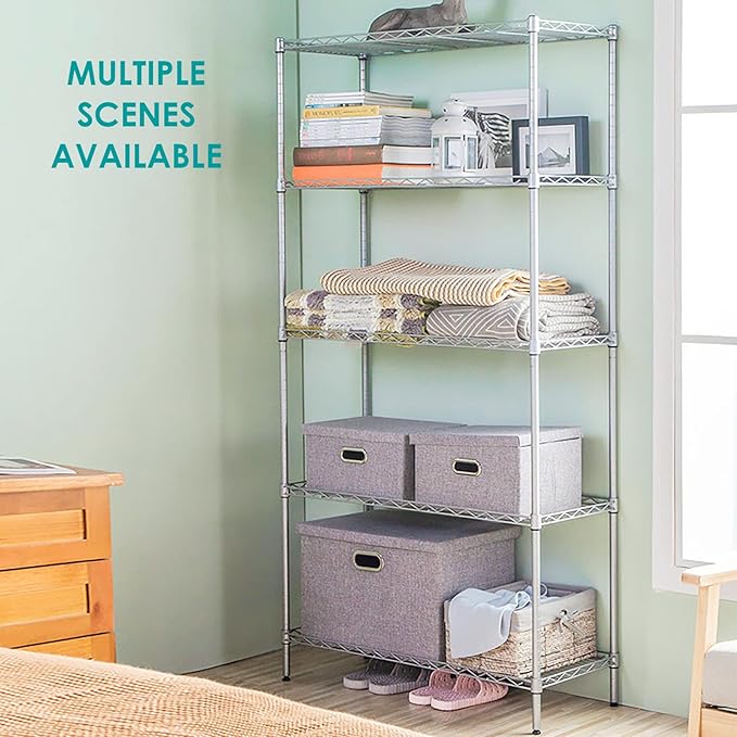 BNSPLY 5 Tier Wire Shelving Unit, Height Adjustable Wire Shelves, Metal Storage Rack Organizer for Laundry, Kitchen, Bathroom, Pantry, Closet (13.5" D x 29" W x 59" H, Chrome)-NeatNest