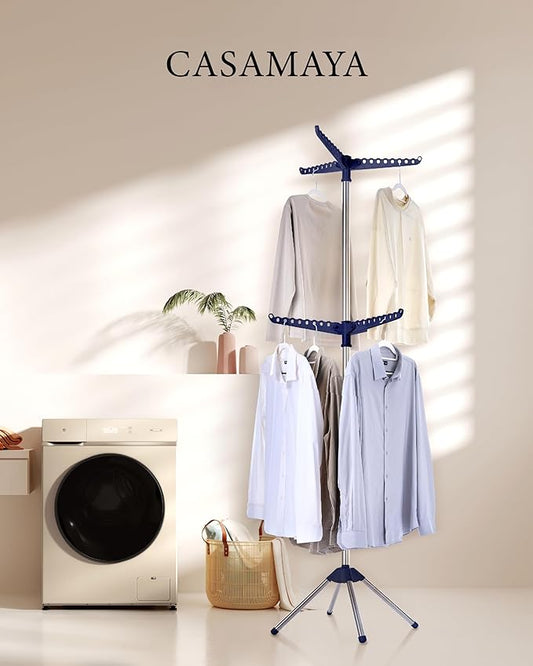 Clothes Drying Rack Foldable, 74.8 inch 2 Tier Laundry Drying Rack with Rotating Clothes Rail for 54 Pieces of Clothes, Space Saving, Indoor, Stainless Steel, Blue and Silver CDR002Q01-NeatNest