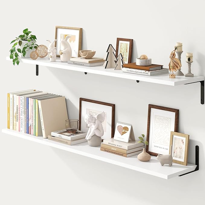 Fun Memories Deep Floating Shelves, 55W x 8D Floating Shelves Set of 2, Wall Mounted Shelf with Metal Brackets, Rustic Wood Wall Shelf for Bathroom, Kitchen and Living Room, White-NeatNest