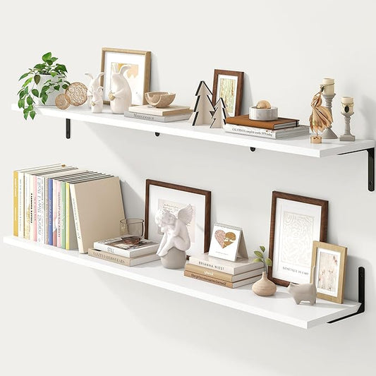 Fun Memories Deep Floating Shelves, 55W x 8D Floating Shelves Set of 2, Wall Mounted Shelf with Metal Brackets, Rustic Wood Wall Shelf for Bathroom, Kitchen and Living Room, White-NeatNest