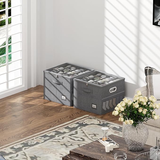 2 Pack Shoe Organizer for Closet Large Shoe Box Storage Containers with Clear Window Space Saving Shoe Bin with Foldable Bottom Support Adjustable Dividers Fits 32 Pairs (Grey, (16.5*16.5*13in)*2)-NeatNest