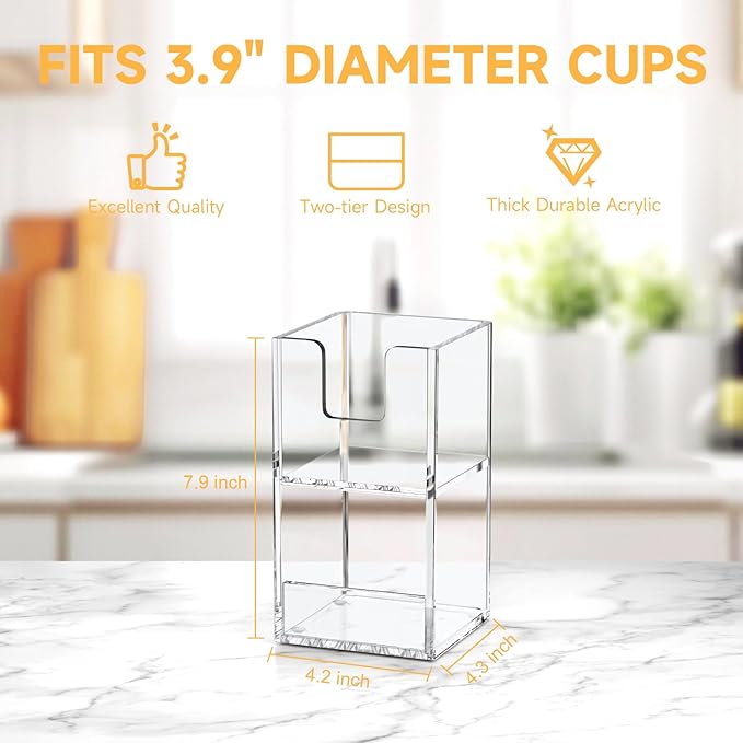Coffee Condiment and Cup Organizer - 2-Tier Upright Cup and Lid Holder with Straw Organizer 2 Compartments Clear Acrylic Cup Dispenser for Restaurant Breakroom Coffee Station Countertop-NeatNest
