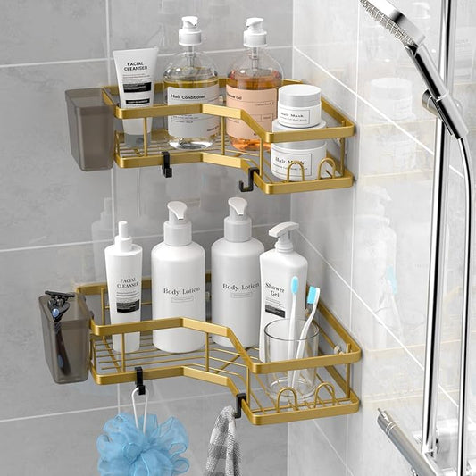 Corner Shower Caddy Organizer Shelf 2Pack Adhesive Shower Corner Organizer Shelves, No Drilling Stainless Steel Shower Storage Rack with Hooks&Toothpaste Holder for Bathroom Kitchen-NeatNest