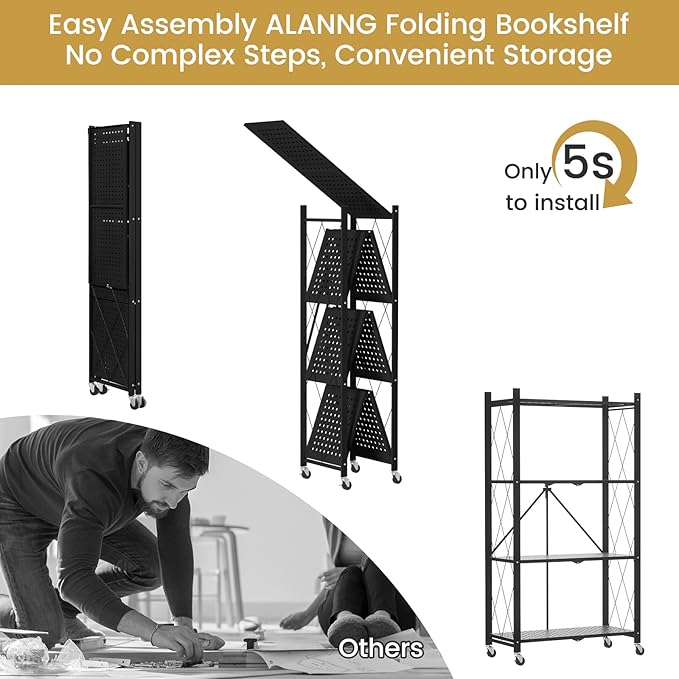 ALANNG Storage Shelves with Wheels, Bookshelf with Storage, No Assembly Metal Rack Cart for Kitchen, Office, Laundry, Garage (4 Tier, Black)