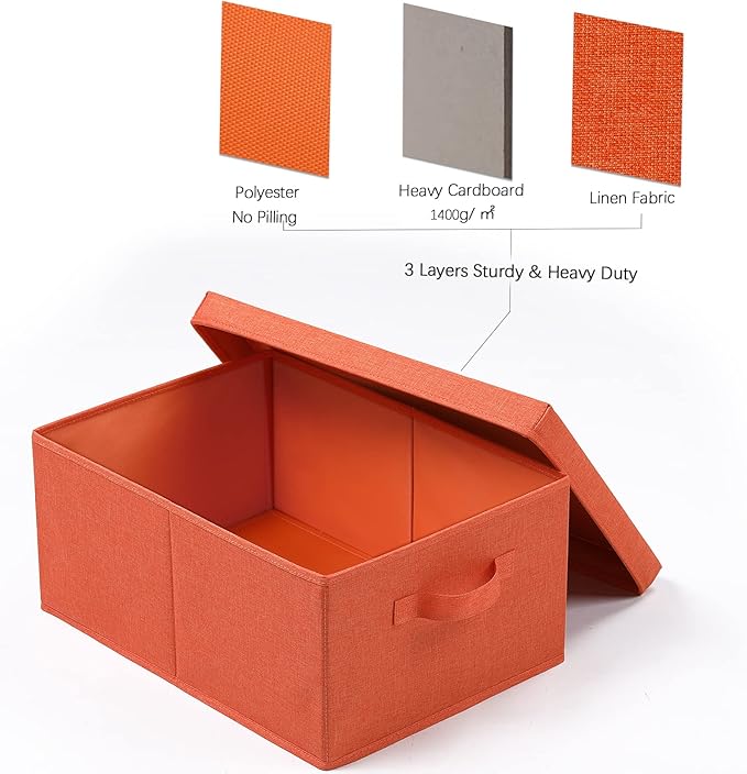 HOONEX Storage Bins with Lids for Organizing, Pack of 2, Storage Boxes with 2 Carrying Handles and Sturdy Heavy Cardboard, 16.5" L x 11.8" W x 7.5" H for Shoes, Books, Clothes, Nursery, Orange-NeatNest
