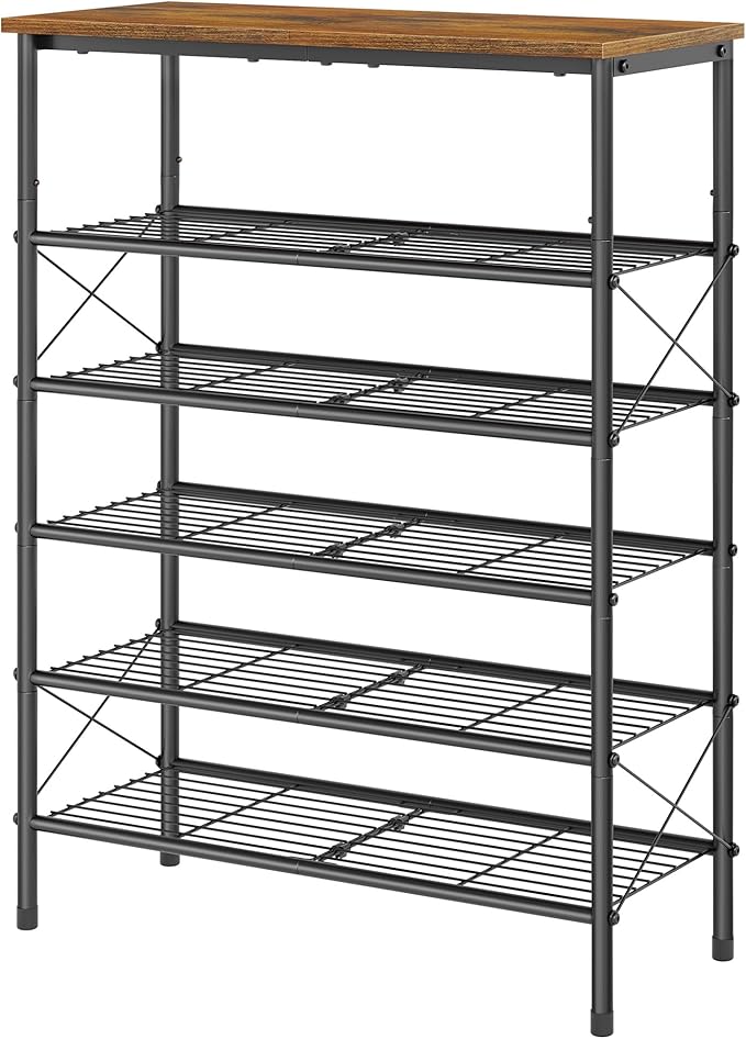 Tajsoon 6 Tier Free Standing Shoe Rack for 20-24 Pairs, X Shape Fixed Frame Metal Mesh Shoe Rack for Closet, Rustic Brown & Black-NeatNest