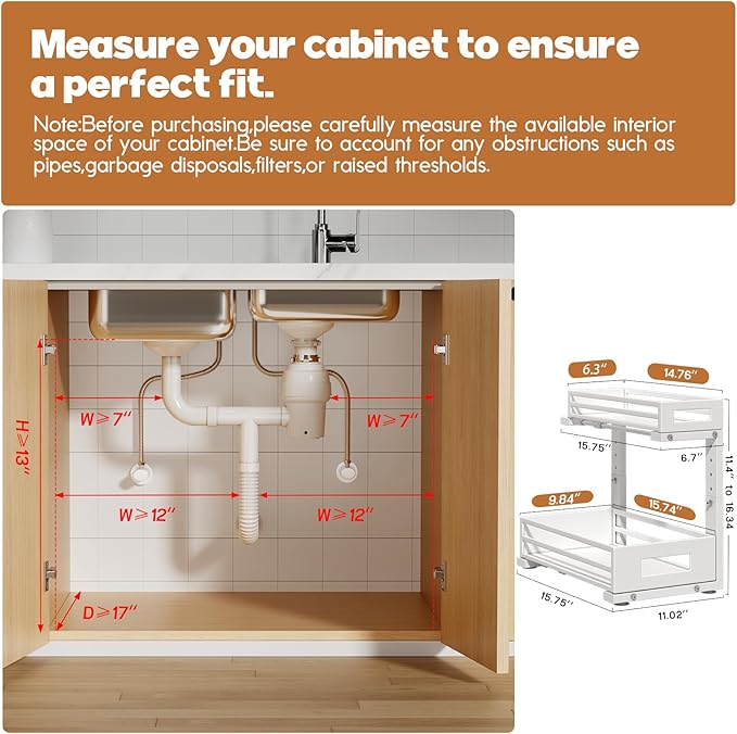 1-Pack Under Sink Organizers and Storage,2-Tier L Shape Pull Out Cabinet Organizer With Round Tube Slide Rails,Hight Adjustable Slide Out Drawers for Kitchen&Bathroom,Multi-Purpose Storage Shelf-White-NeatNest