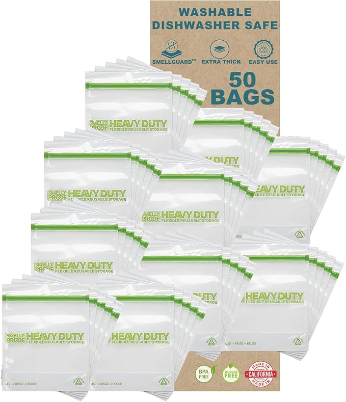 BULK VALUE, Smelly Proof 50-Pack HEAVY DUTY 5-mil Reusable Bags, Ziplock Stand-Up, Expandable, Dishwasher-Safe, Triple Zip, Odor-Proof, Durable Poly Nylon (Non-Silicone) US-Made 8.5" x 10" Quart 50pk-NeatNest
