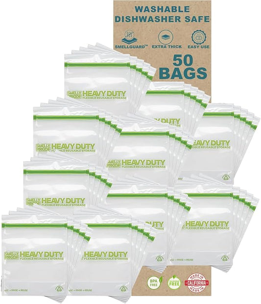 BULK VALUE, Smelly Proof 50-Pack HEAVY DUTY 5-mil Reusable Bags, Ziplock Stand-Up, Expandable, Dishwasher-Safe, Triple Zip, Odor-Proof, Durable Poly Nylon (Non-Silicone) US-Made 8.5" x 10" Quart 50pk-NeatNest
