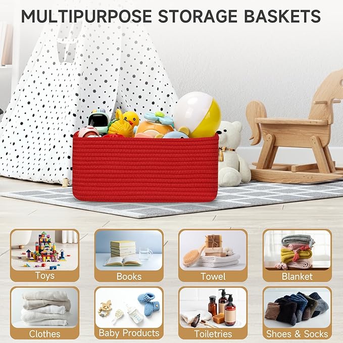 3-Pack Small Storage Baskets for Organizing | Woven Shelf Toy Basket | Rope Baskets for Gifts Empty | Closet Organizer Bins with Handles | Cube Decorative Box | 11.8×7.8×5.1” | Christmas Red-NeatNest