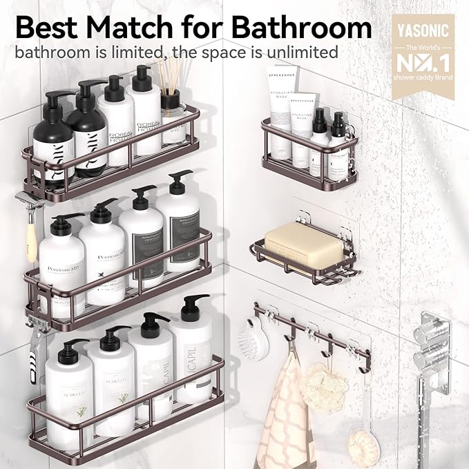 YASONIC Shower Caddy, 6 Pack Large Capacity shower Organizer with Soap Holder and 12 Hooks, Rustproof Shower Shelves for Inside Shower, No Drilling&Sleek Bathroom Organizers and Storage Bronze-NeatNest