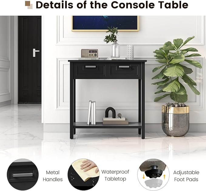 GOFLAME Small Console Table with 2 Drawers, 31” Entry Table with Storage Shelf, Modern, Narrow Sofa Table for Living Room, Hallway, Entrance (Black)-NeatNest