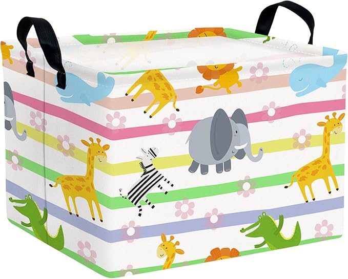 Cute Rectangle Woodland Animal Baby Girl Basket Nursery Playroom Bedroom Decor Clothes Toy Basket (Colorful Animals)-NeatNest
