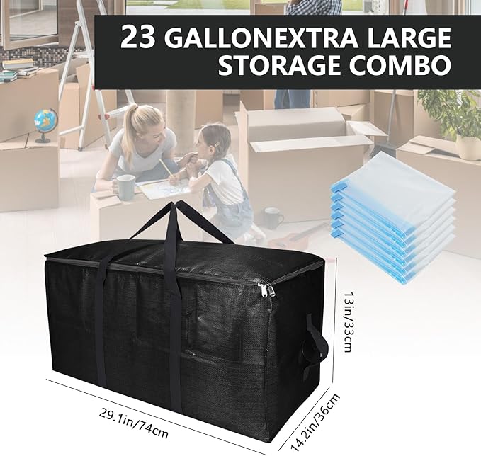 Extra Large Storage Bags Set Heavy Duty Moving Totes with Handles & Clear Tag Pocket, Waterproof Dual-Way Carrying Design College Moving Supplie, (Black, 14 Park-4 Moving bag & 10 Vacuum Seal Bags)