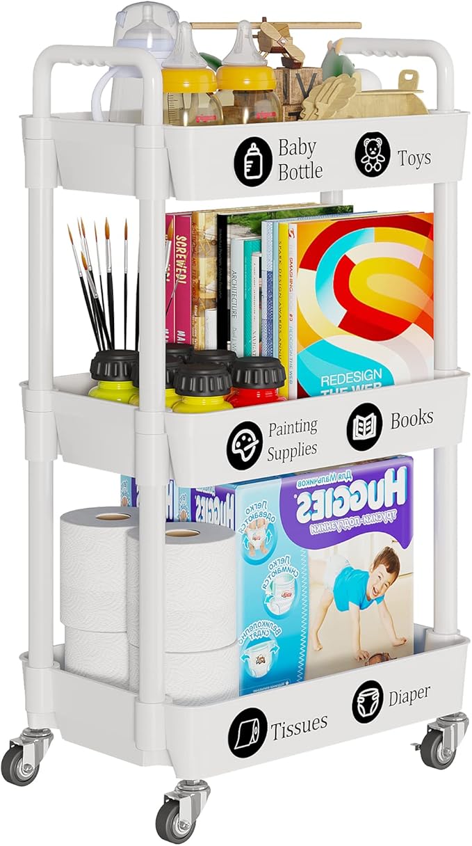 Laiensia 3-Tier Rolling Cart with Wheels,Multifunction Utility Storage carts, Kitchen Storage Organizer,Mobile Shelving Unit for Bathroom,Laundry,with Classified Stickers,White-NeatNest