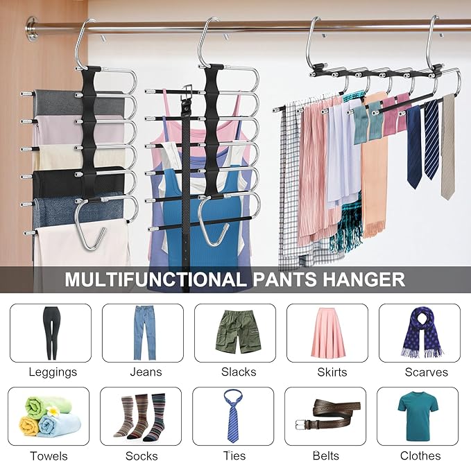 Upgrade 6 Layers Pants Hangers Space Saving, 2 Pack Stainless Steel Multifunctional Rack Non Slip S-Type Pant Closet Organizer Saver for Leggings Jeans Trousers Scarf, Black-NeatNest
