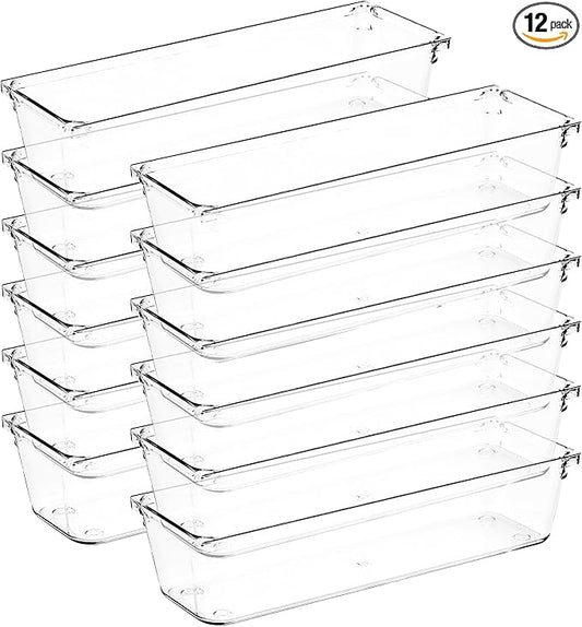 12 Pack Drawer Organizer - 3" X 9" Clear Acrylic Storage Bins with Non-Slip Pads, Versatile Desk Tray for Makeup, Jewelry, Kitchen, Bathroom, and Office Organization-NeatNest