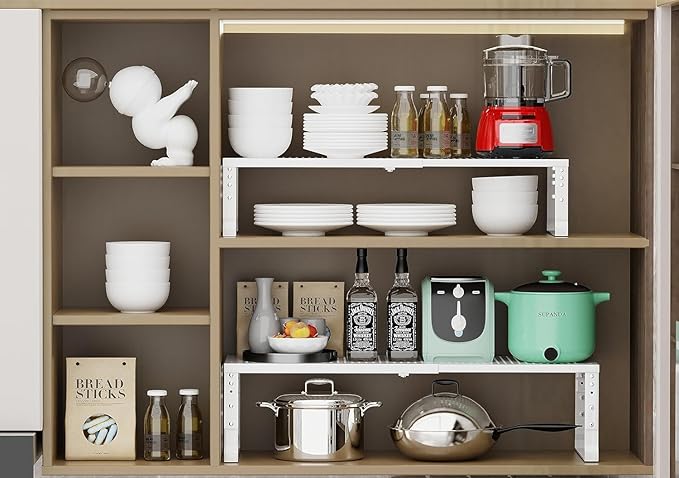 Expandable Cabinet Shelf Organizer Storage Spice Rack Shelves for Kitchen Stackable Adjustable Pantry Cupboard Bathroom Countertop Desktop(2Packs/White/Medium-with Hole)-NeatNest