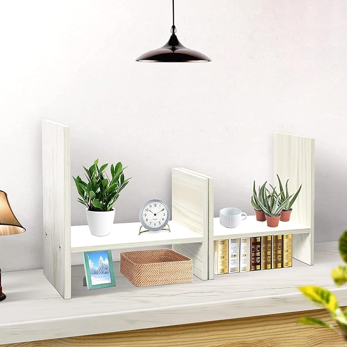 J.M.Deco Desktop Organizers and Storage for Office, Adjustable Desk Organizer Shelf Double H Display, True Natural Stand Shelf, Desktop Organizer White Wood Tone-NeatNest