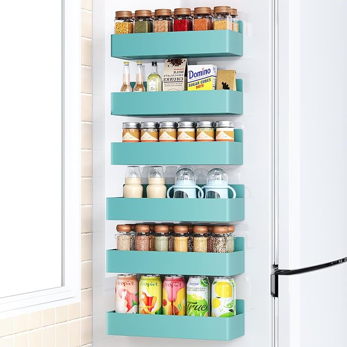 Magnetic Spice Rack for Refrigerator, Kitchen Organizer and Storage Shelf, Blue (6 Pack)…