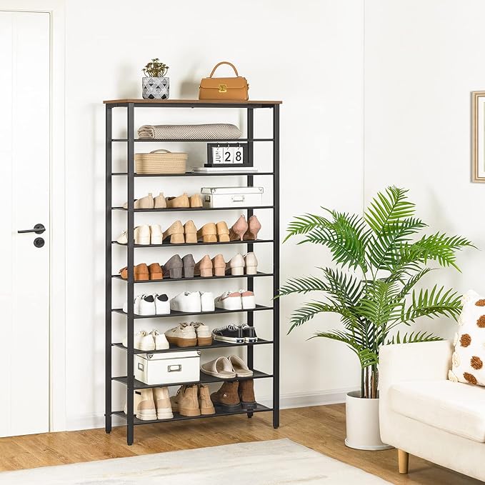 10-Tier Shoe Rack, Shoe Organizer for Entryway, Large Capacity Shoe Shelf, for 36-40 Pairs of Shoes, Stable Sturdy, Shoe Storage with 9 Metal Mesh Shelves, Rustic Brown SRHR1101Z-NeatNest
