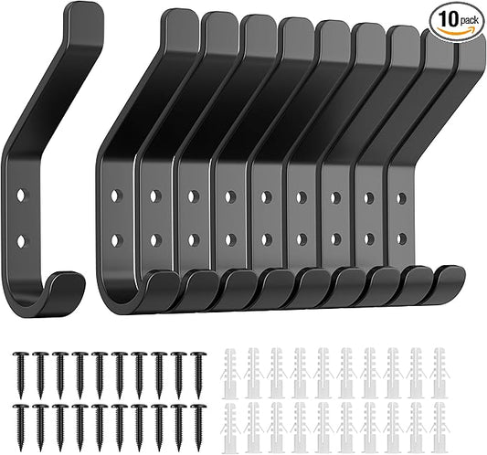 10-Pack Coat Hook for Hanging, 20LB (Max), Stainless Wall Hooks for Towel, Hat, Backpack, Key, Clothes, Wall Mounted Coat Hanger for Closet, Metal, Black, 3.75"
