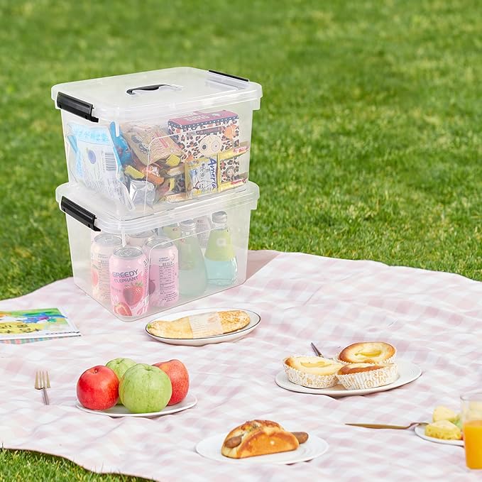 Hespama 4 Pack Clear Storage Bins with Handle, 12 Quart Plastic Lidded Organizer Box