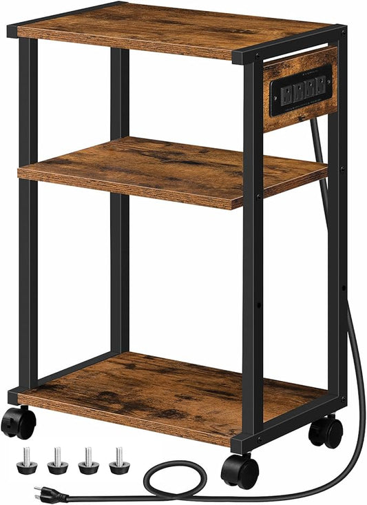 HOOBRO Industrial Printer Stand with Charging Station, 3-Tier Printer Table, Rolling Printer Cart with Adjustable Shelf and Hook, Rustic Brown and Black BF28UPS01-NeatNest