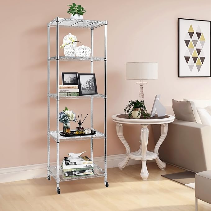 BNSPLY 5 Tier Narrow Wire Shelving Unit with Wheels, Height Adjustable Wire Shelves with NSF Certified, Mobile Metal Storage Rack for Kitchen, Laundry, Bathroom (17.7" D x 23.6" W x 71" H, Chrome)-NeatNest