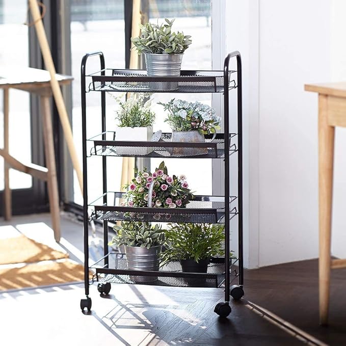 JANE EYRE Rolling Utility Storage Rack Cart on Wheels, Trolley Carft cart, Multi-Purpose Organizer Shelf (Black, 4 Tier)…-NeatNest