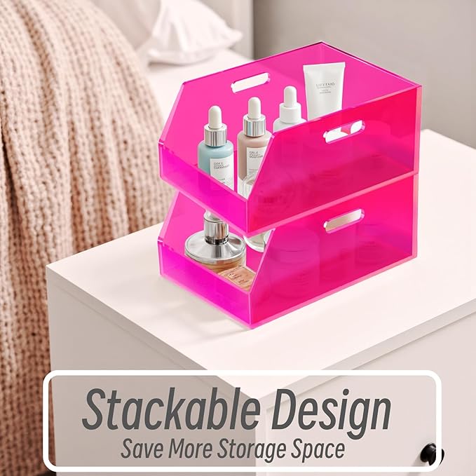Gelite Stackable Storage Bin Organizer with Handles Acrylic Storage Container for Toy Pantry Kitchen Cabinet Bathroom Closet Office Organization, 11.4x7.5x5.1'', Neon Pink