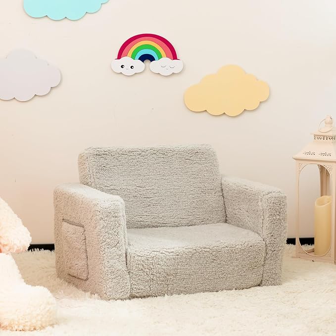 ALIMORDEN Kids Couch, 2-in-1 Fold Out Toddler Chair & Snuggly Foam Lounger Seat, Removable Washable Cover - Soft Reading Couch, Ideal Gift for for Boys and Girls, Light Grey-NeatNest