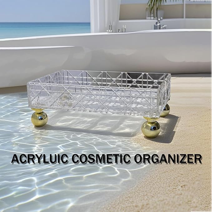 Bathroom Tray Countertop Transparent Makeup Organizer Storage Box Acrylic Vanity Tra with Feet Geometric Texture Waterproof Makeup Organizer Countertop Storage for Hotel Home Bathroom Counter Tray