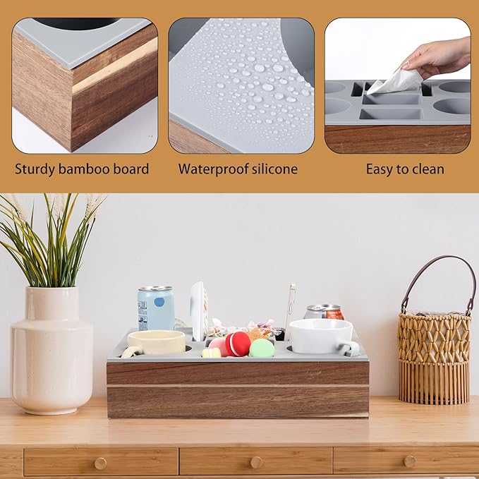 Yerliker Couch Cup Holder Tray, Silicone Couch Caddy Waterproof Anti-Spill Sofa Cup Holder for Sofa Bed Car Seat Organizer, Christmas Hold Mugs, Drinks, Snacks, Phones, Remotes (Grey,Acacia)-NeatNest