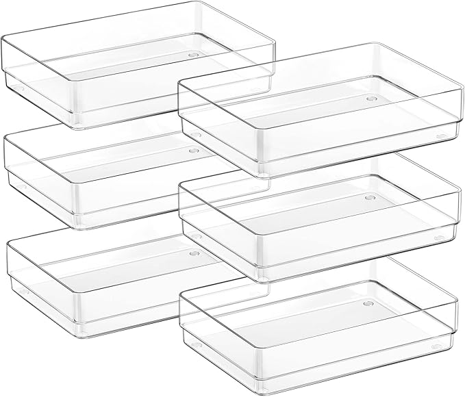 SMARTAKE 6 PCS Clear Plastic Drawer Organizers Set, Large Size Non-Slip Desk Drawer Organizer, Versatile Bathroom and Vanity Drawer Organizer Trays for Makeup, Bedroom, Office, Kitchen Utensils-NeatNest