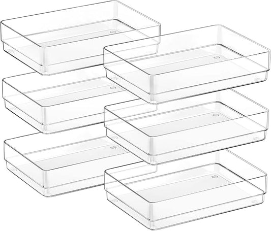 SMARTAKE 6 PCS Clear Plastic Drawer Organizers Set, Large Size Non-Slip Desk Drawer Organizer, Versatile Bathroom and Vanity Drawer Organizer Trays for Makeup, Bedroom, Office, Kitchen Utensils-NeatNest