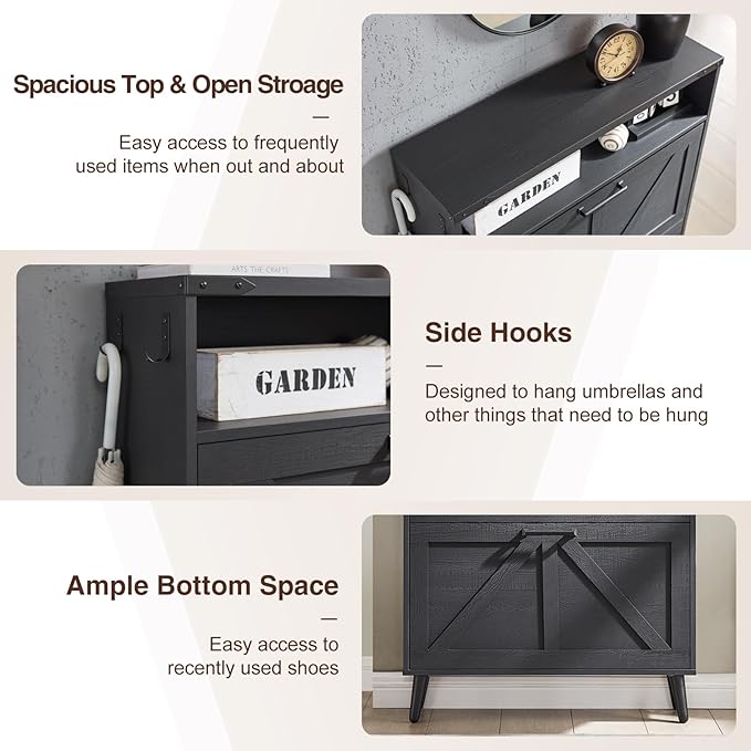 Shoe Storage Cabinet, Farmhouse Shoe Organizer with 2 Flip Drawers & Barn Door,Freestanding Hidden Slim Narrow Shoe Rack Cabinet with Open Storage for Entryway, Foyer, Black-NeatNest