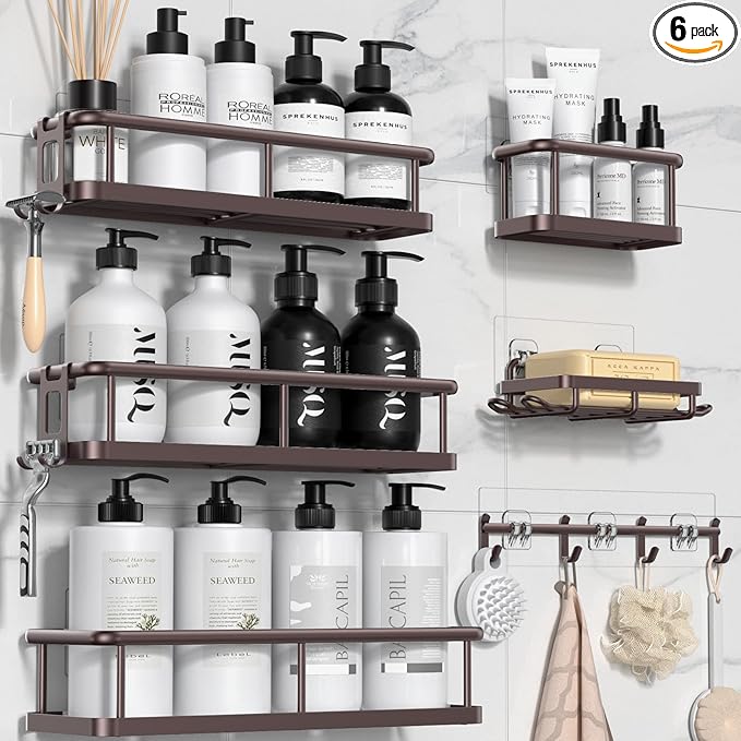YASONIC Shower Caddy, 6 Pack Large Capacity shower Organizer with Soap Holder and 12 Hooks, Rustproof Shower Shelves for Inside Shower, No Drilling&Sleek Bathroom Organizers and Storage Bronze-NeatNest
