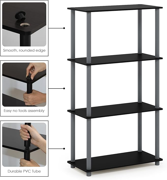 Furinno (99557BK/GY) Turn-N-Tube 4-Tier Multipurpose Shelf Display Rack - Black/Grey-NeatNest