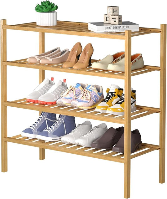 4 Tier Bamboo Shoe Rack for Closet Free Standing Wood Shoe Shelf for Entryway Small Space Stackable 27"x11"x26" (Natural)-NeatNest