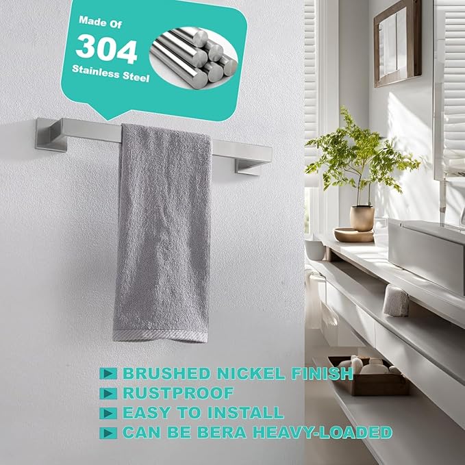 16 Inch Towel Bar for Bathroom 12/16/24/28/32/36 Inch Kitchen Towel Holder Brushed Nickel Towel Rod Wall Mounted SUS304 Rustproof Towel Rack Modern Square Design (1, Brushed Nickel, 16 Inch)