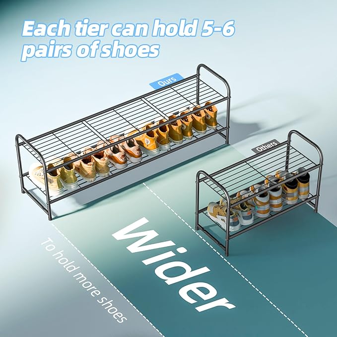2 Tier Shoe Rack for Closet, 44 Inch Extra Long Shoe Storage Organizer for Shelves, Heavy Duty Metal, Easy Assembly, Black-NeatNest