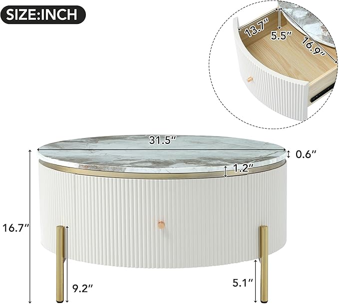 31.5'' Modern Round Coffee Table with 2 Large Drawers Storage Accent Table for Living Room(31.5'')