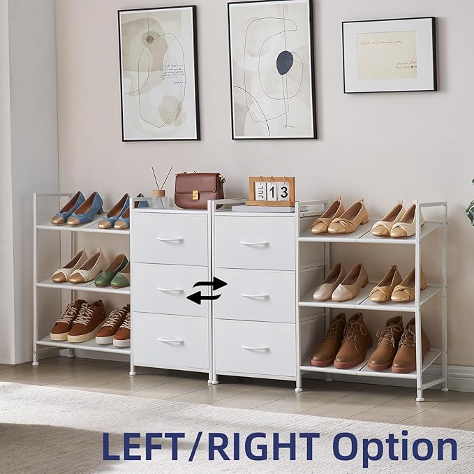 Somdot Shoe Rack, 3 Tier Shoe Organizer with 3 Drawers, Metal Shoe Storage Shelf for 6-9 Pairs of Shoes, Narrow Shoe Rack for entryway, White Leather-NeatNest