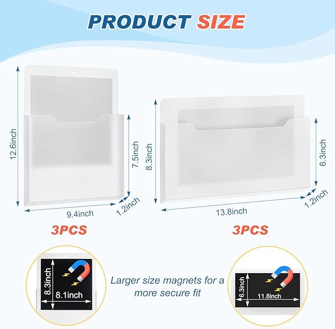 Fuutreo 6 Pcs Magnetic Wall File Organizer Magnetic Wall File Holder Refrigerator Magazine Holder for Mail Letters Paper(Clear,8.3 x 13.8 Inch, 12.6 x 9.5 Inch,Mixed Size)