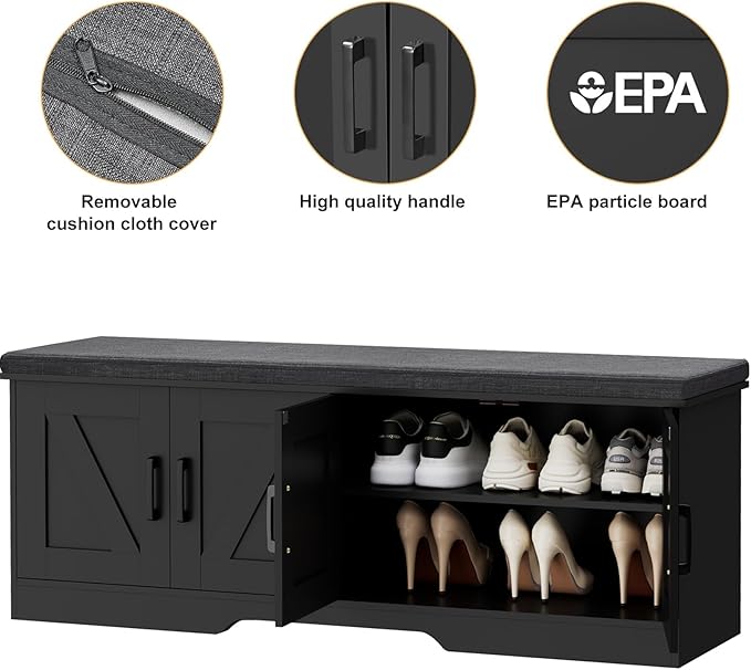 2-Tier Storage Bench, Shoe Bench with Padded Seat Cushion, Entryway Bench with 4 Barn Doors, Adjustable Shelf, 13.8" D x 47.2" W x 17.7" H, for Entryway, Living Room, Bedroom, Black-NeatNest