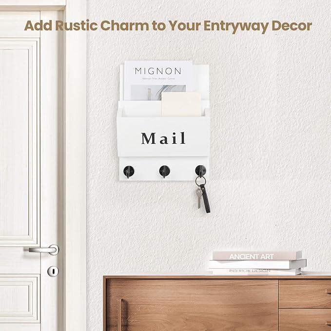 Mail and Key Holder - Decorative 8.86" x 11.42" Wall Key Hanger with 2 Mail Organizer Slots and 3 Hooks - Real Paulownia Wood with Keyhole Brackets, Hardware and Instructions (White)
