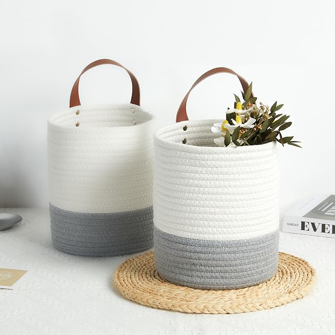 DULLEMELO Small Woven Rope Hanging Baskets - 2 Pack for Boho Wall Decor, 7 X 8 Inches Storage Basket with Handle, White&Grey-NeatNest