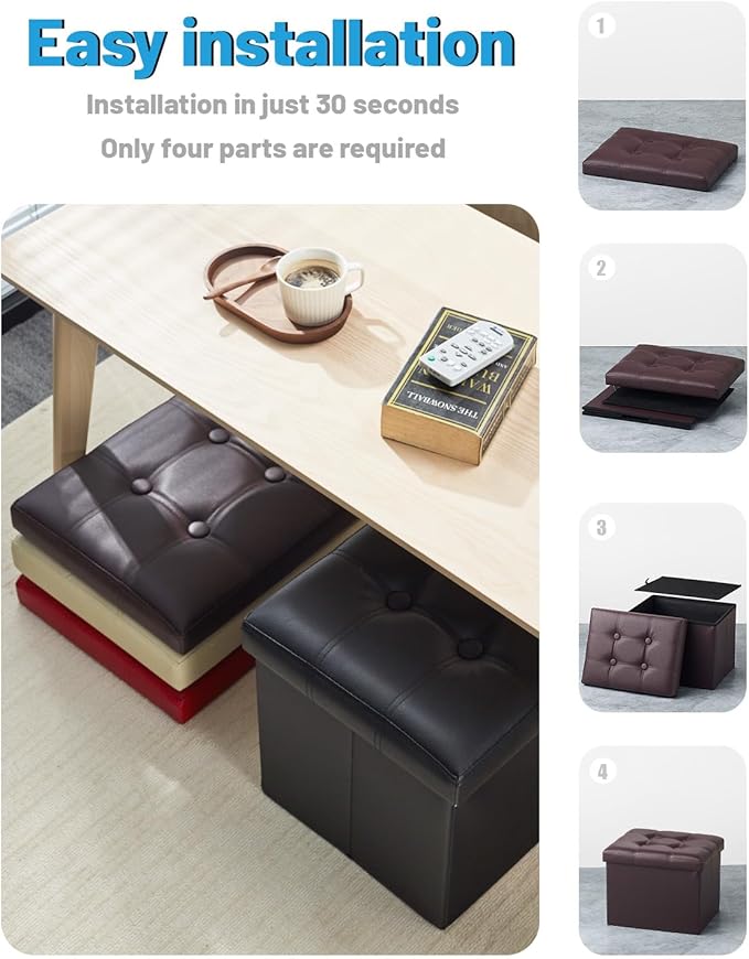 AmasSmile Storage Ottoman Folding Foot Rest Stool, Leather Footstool Bench, Short Ottoman Stool, Storage Foot Rest Store, Books (Brown, 17" D x 13" W x 13" H)-NeatNest